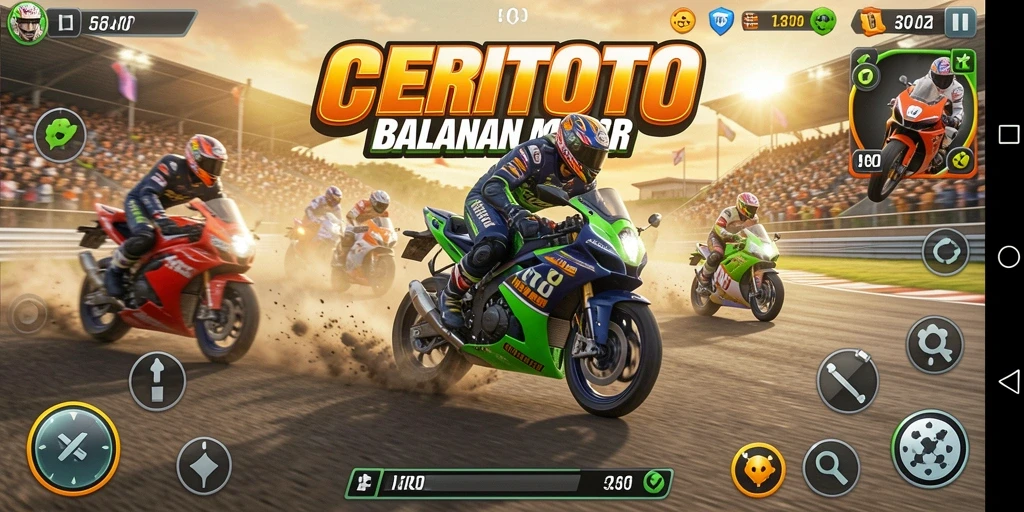 Tampilan gameplay CERITOTO dengan aksi balapan motor yang seru.