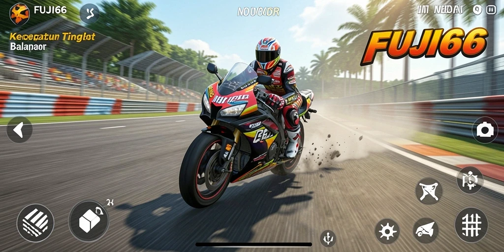 Tampilan gameplay seru FUJI66 saat balapan motor di trek menantang.