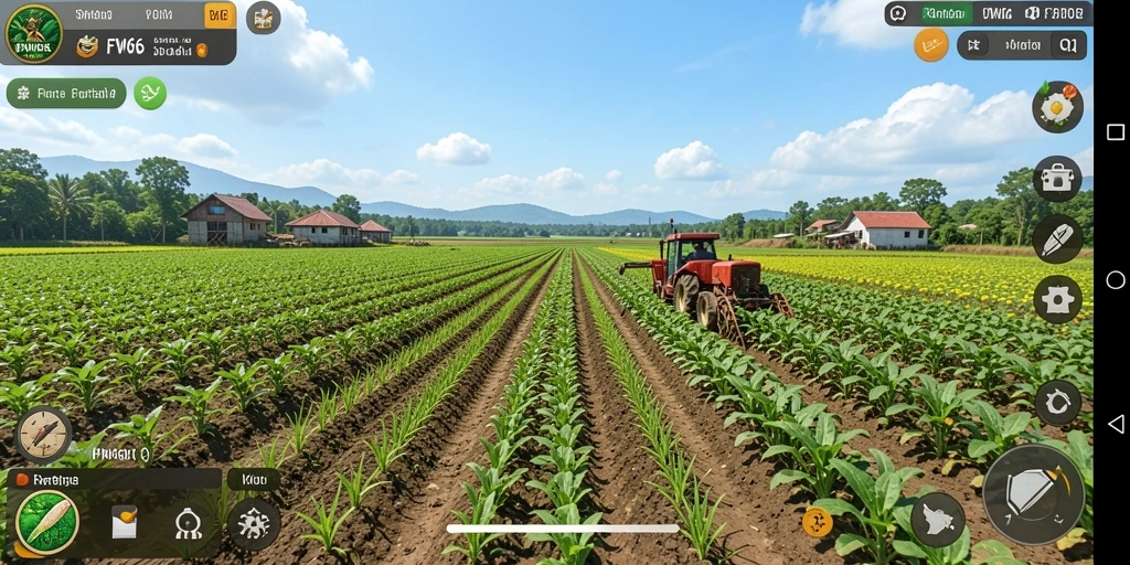Screenshot gameplay FW66 yang menampilkan kebun yang subur dan hewan ternak.