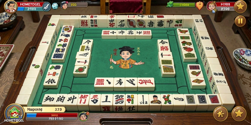 Screenshot yang menunjukkan gameplay menegangkan HOMETOGEL dalam permainan Mahjong.