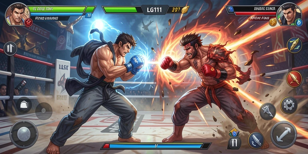 Screenshot gameplay LG111 menampilkan aksi pertarungan intens dan karakter yang menawan.
