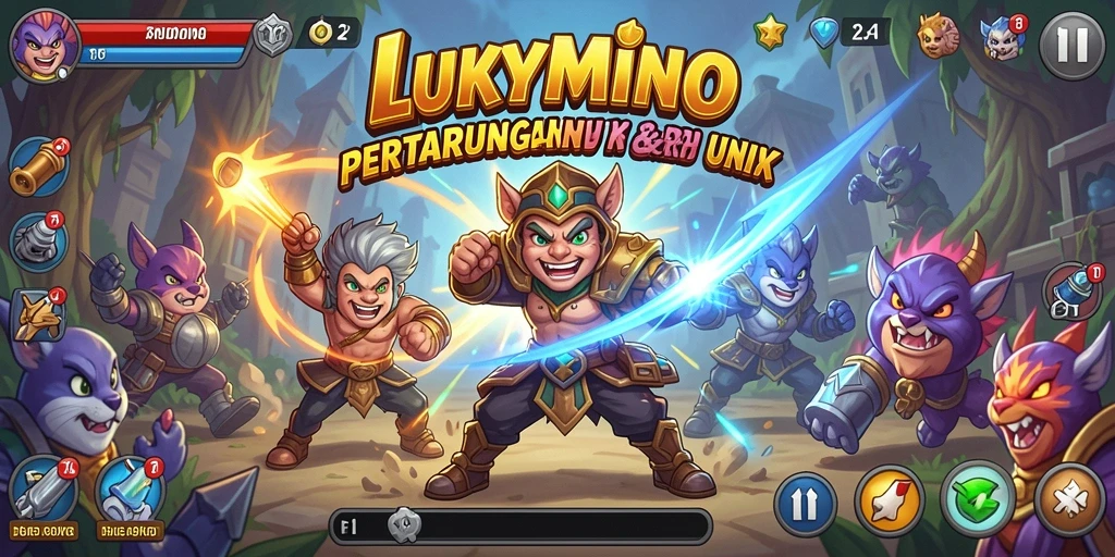 Tampilan gameplay seru LUKYMINO di arena pertarungan.