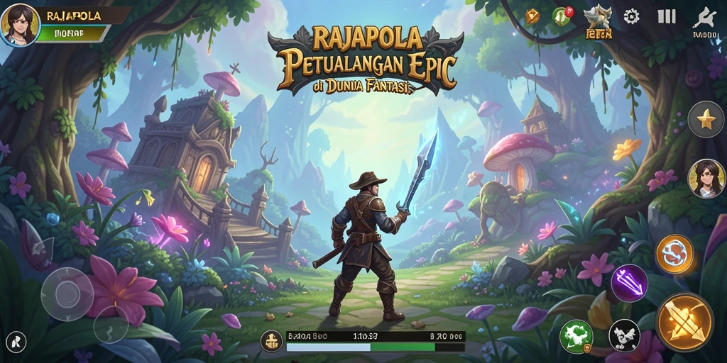 Screenshot utama RAJAPOLA menunjukkan pertarungan epic di dunia fantasi.