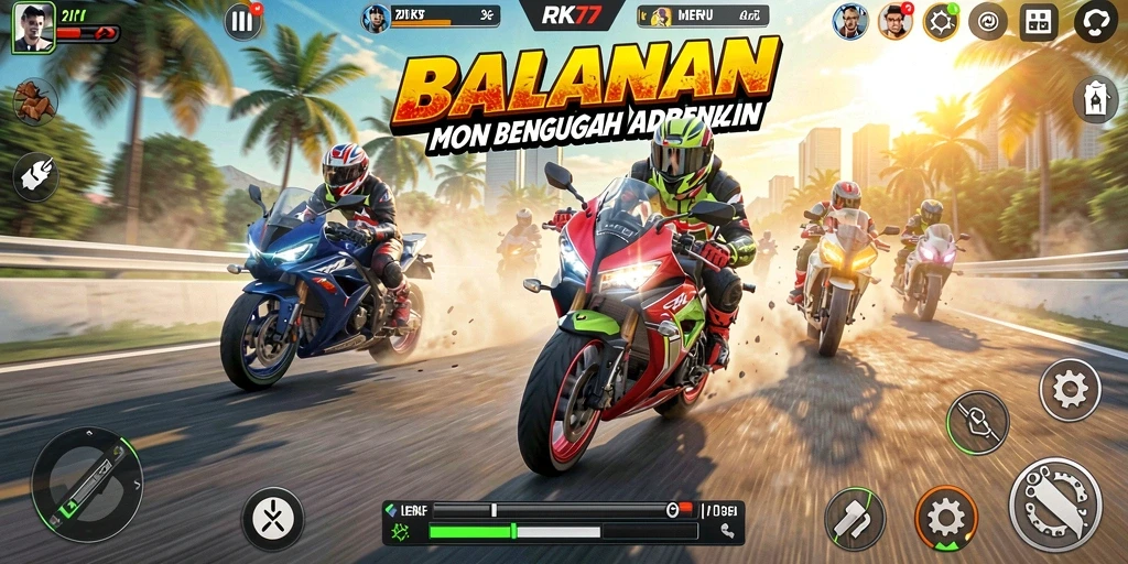 Tangkapan layar menunjukkan aksi balapan seru di RK77 dengan motor kustom.