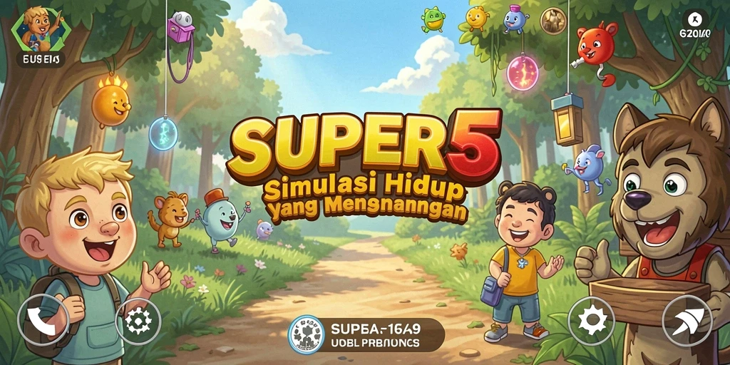Screenshot utama dari gameplay SUPER5 yang menampilkan kehidupan virtual yang interaktif.