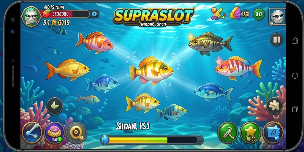 Screenshot dari gameplay SUPRASLOT yang menampilkan aksi tembak ikan seru.