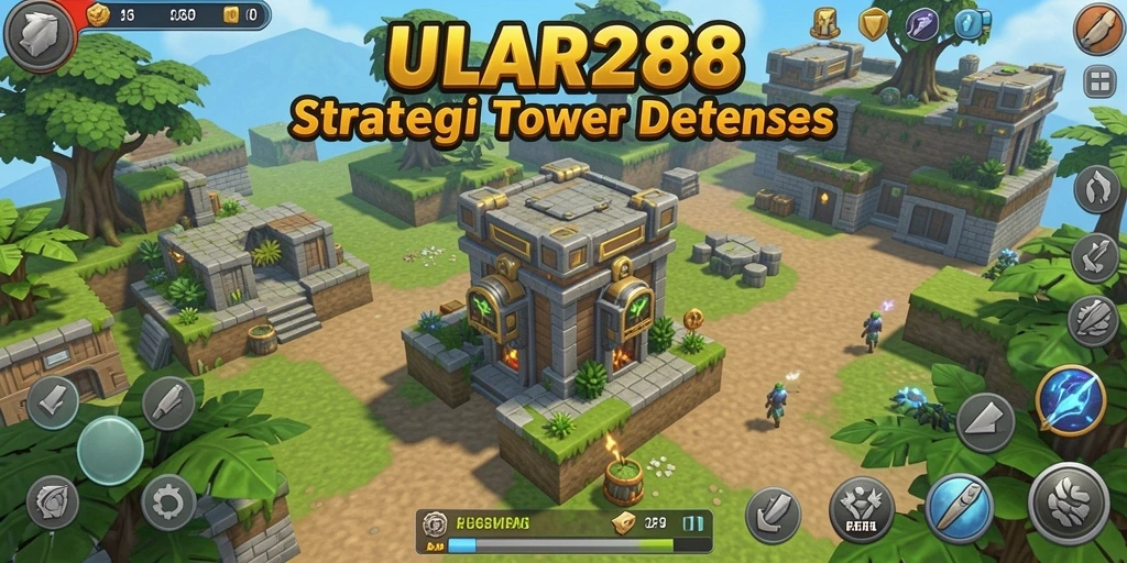 Screenshot dari gameplay ULAR288 yang menunjukkan strategi menara Tower Defense.
